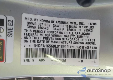 2009 Honda Civic Lx z USA, uszkodzony, nr VIN 1HGFA16569L018919